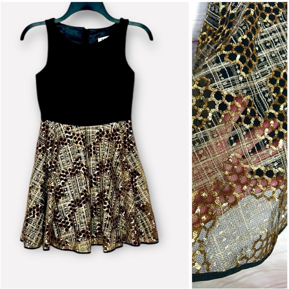 Milly Minis Luxury Dress Black and Gold Sequin Special Occasion Fit & Flare 12